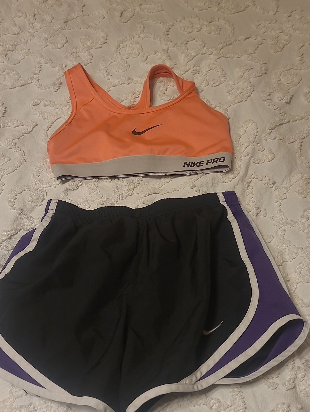 Nike Orange Sports Bra with Black Shorts and Purple Trim Womens Size Xs